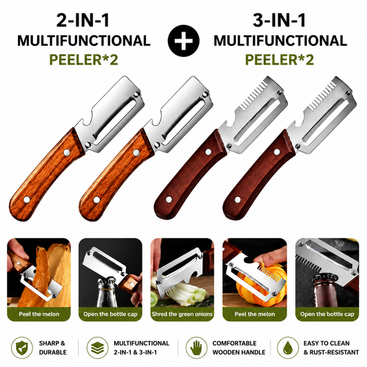 🥕2 PCS Wood Handle Multifunction Kitchen Peeler – Peel, Slice, Scrape & Bottle Opener Tool