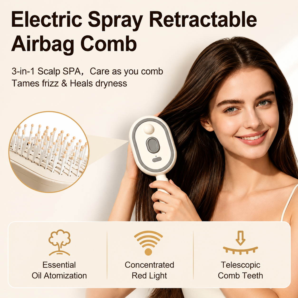 ✨ Electric Spray Air Cushion Massage Comb 💆‍♀️ Essential Oil Infusion • Red Light Therapy • Anti-Static Hair Care
