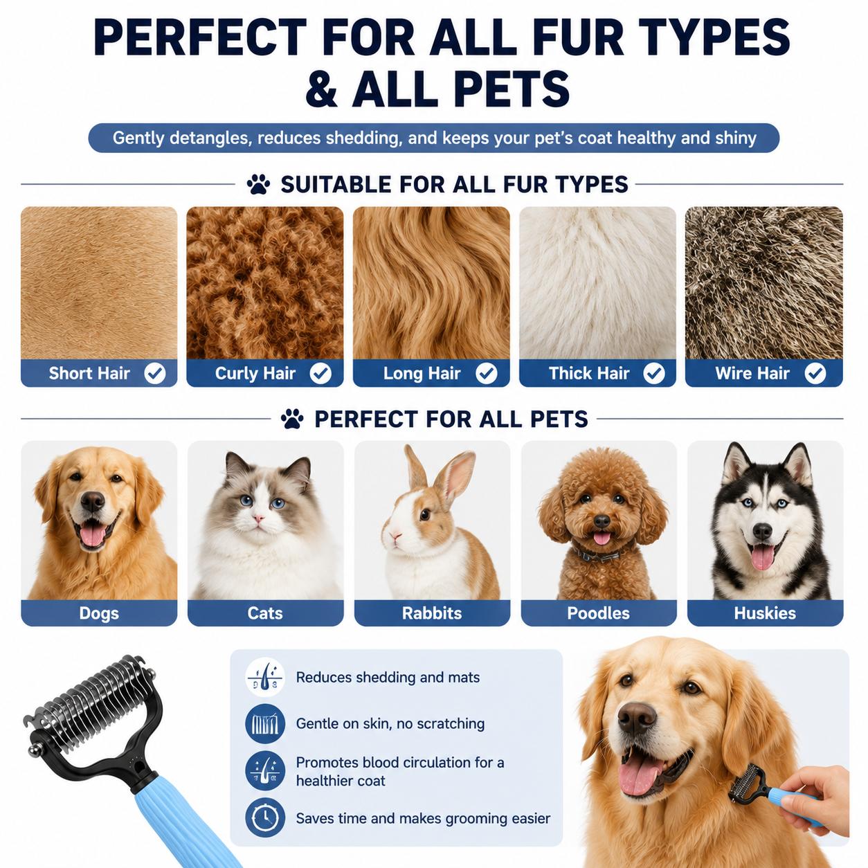 Pet Detangling Comb Double-Sided Stainless Steel Grooming Tool for Long-Haired Dogs & Puppies Coat Care & Shedding Removal