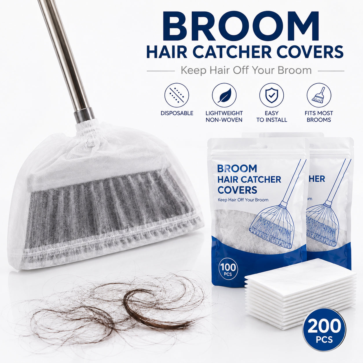 🧹 100PCS Disposable Broom Hair Catcher Covers – Elastic Dust & Hair Collection Bags for Household Brooms