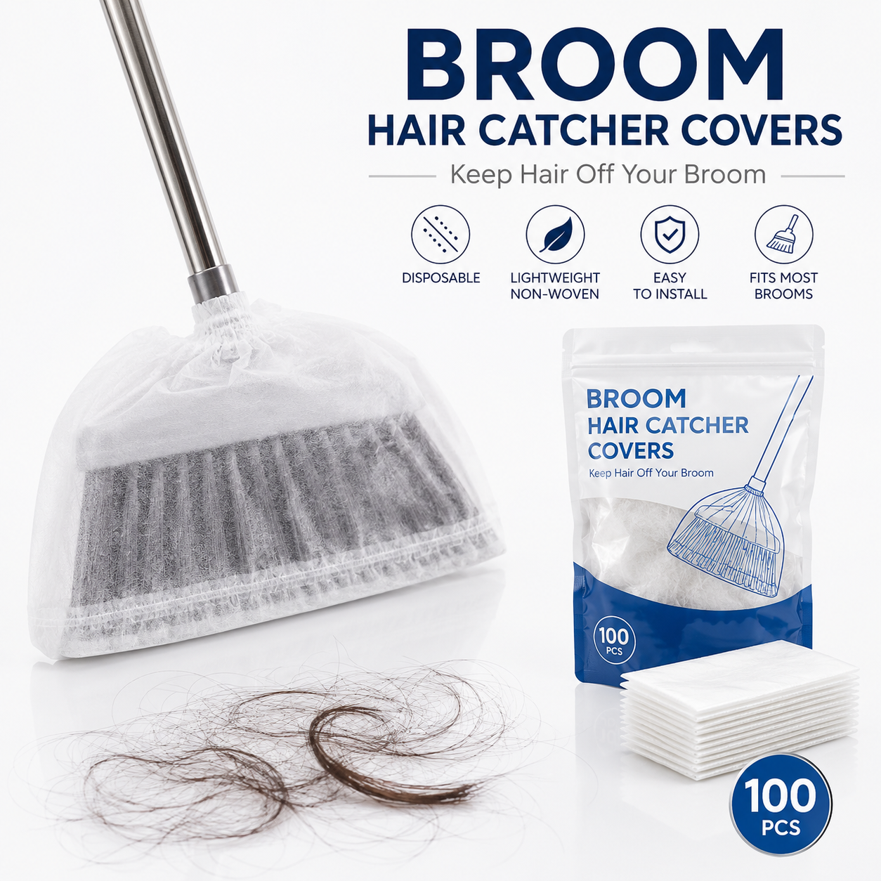 🧹 100PCS Disposable Broom Hair Catcher Covers – Elastic Dust & Hair Collection Bags for Household Brooms