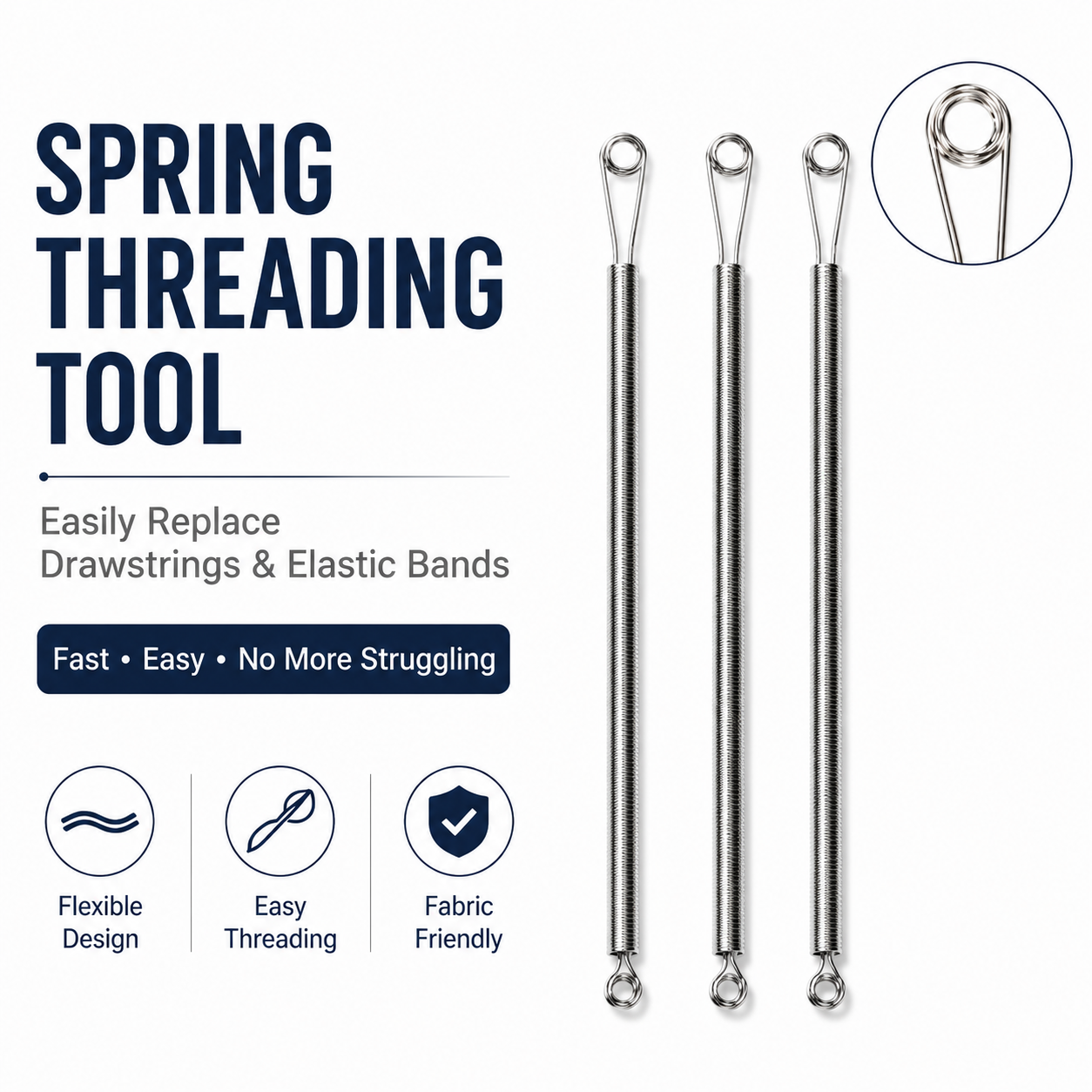 🧵3PCS Flexible Drawstring Threader Tool – Spring Loop Cord Puller for Hoodies, Pants, Skirts & Elastic Waistbands