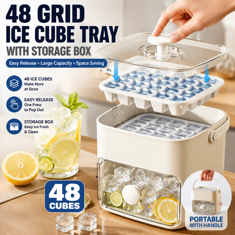 48 Grid Ice Maker with Storage Box – Easy Release & Summer Drink Essential