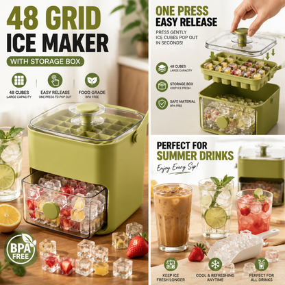 48 Grid Ice Maker with Storage Box – Easy Release & Summer Drink Essential
