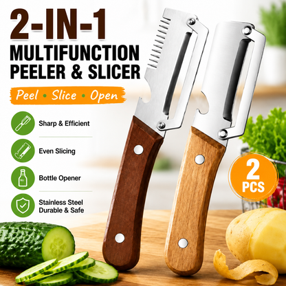 2 PCS Wood Handle Multifunction Kitchen Peeler – Peel, Slice, Scrape & Bottle Opener Tool