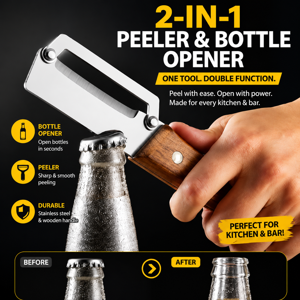 2 PCS Wood Handle Multifunction Kitchen Peeler – Peel, Slice, Scrape & Bottle Opener Tool