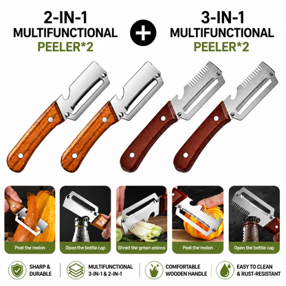 2 PCS Wood Handle Multifunction Kitchen Peeler – Peel, Slice, Scrape & Bottle Opener Tool