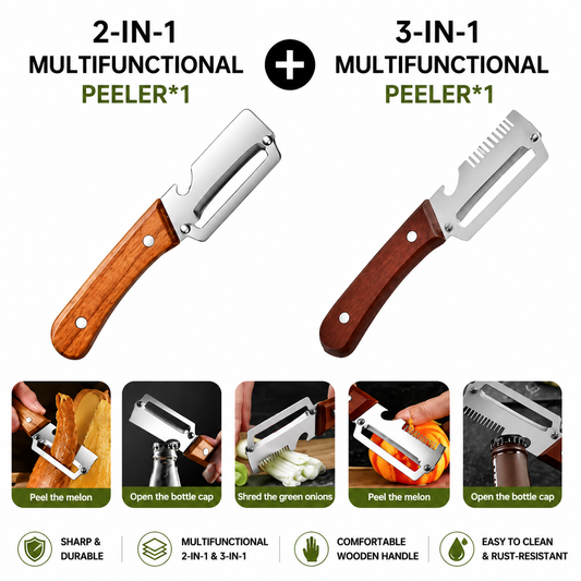 🥕2 PCS Wood Handle Multifunction Kitchen Peeler – Peel, Slice, Scrape & Bottle Opener Tool