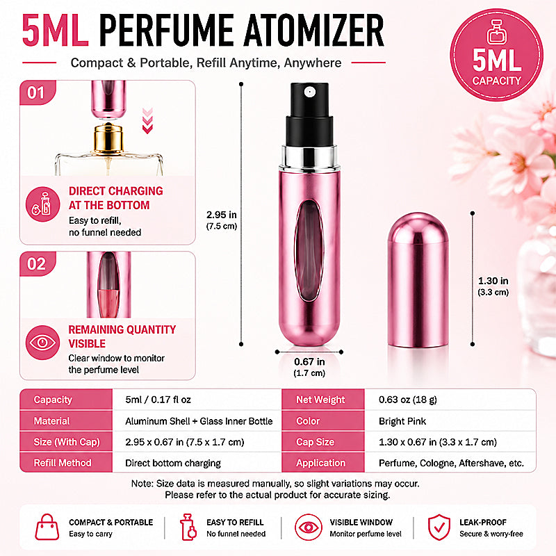 2 Pack Refillable Perfume Atomizer, 5ml Portable Travel Perfume Spray Bottle, Leak-Proof Fine Mist Col