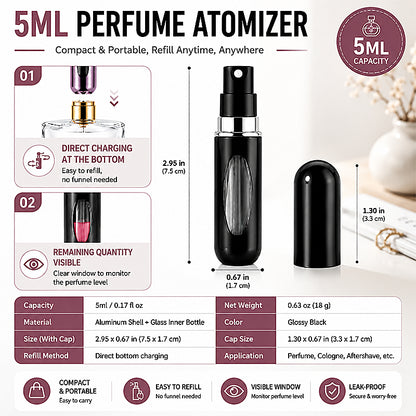 2 Pack Refillable Perfume Atomizer, 5ml Portable Travel Perfume Spray Bottle, Leak-Proof Fine Mist Col