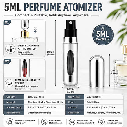2 Pack Refillable Perfume Atomizer, 5ml Portable Travel Perfume Spray Bottle, Leak-Proof Fine Mist Col