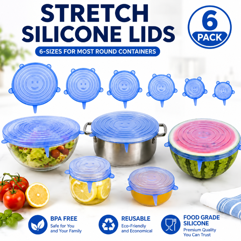 🔅6 Pack Silicone Stretch Lids (2.6", 3.7", 4.3", 5.5", 6.3", 7.7"), Reusable Food Grade Silicone Covers for Bowls,