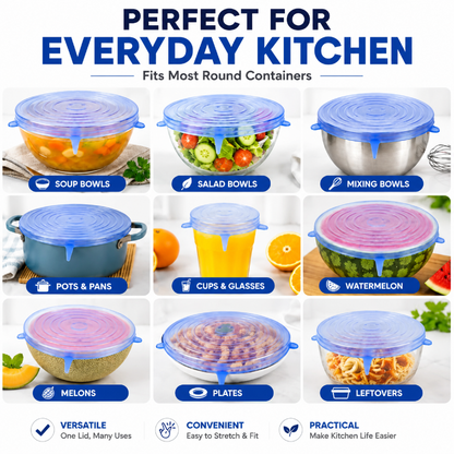🔅6 Pack Silicone Stretch Lids (2.6", 3.7", 4.3", 5.5", 6.3", 7.7"), Reusable Food Grade Silicone Covers for Bowls,