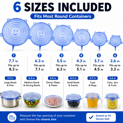 🔅6 Pack Silicone Stretch Lids (2.6", 3.7", 4.3", 5.5", 6.3", 7.7"), Reusable Food Grade Silicone Covers for Bowls,