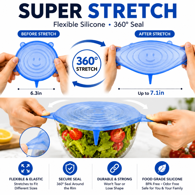 🔅6 Pack Silicone Stretch Lids (2.6", 3.7", 4.3", 5.5", 6.3", 7.7"), Reusable Food Grade Silicone Covers for Bowls,