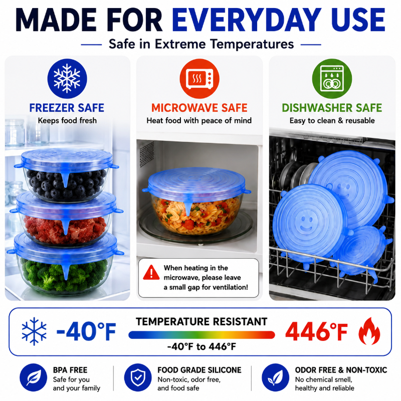 🔅6 Pack Silicone Stretch Lids (2.6", 3.7", 4.3", 5.5", 6.3", 7.7"), Reusable Food Grade Silicone Covers for Bowls,