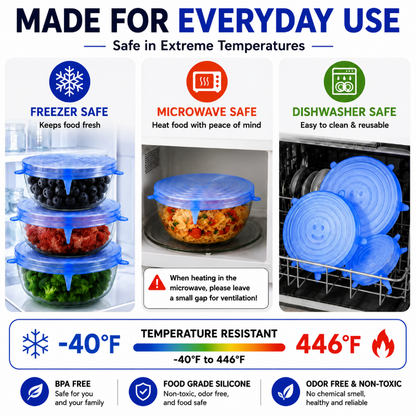 🔅6 Pack Silicone Stretch Lids (2.6", 3.7", 4.3", 5.5", 6.3", 7.7"), Reusable Food Grade Silicone Covers for Bowls,