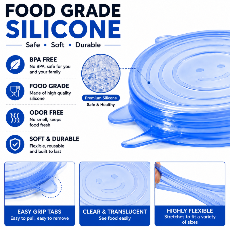 🔅6 Pack Silicone Stretch Lids (2.6", 3.7", 4.3", 5.5", 6.3", 7.7"), Reusable Food Grade Silicone Covers for Bowls,