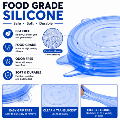 🔅6 Pack Silicone Stretch Lids (2.6", 3.7", 4.3", 5.5", 6.3", 7.7"), Reusable Food Grade Silicone Covers for Bowls,