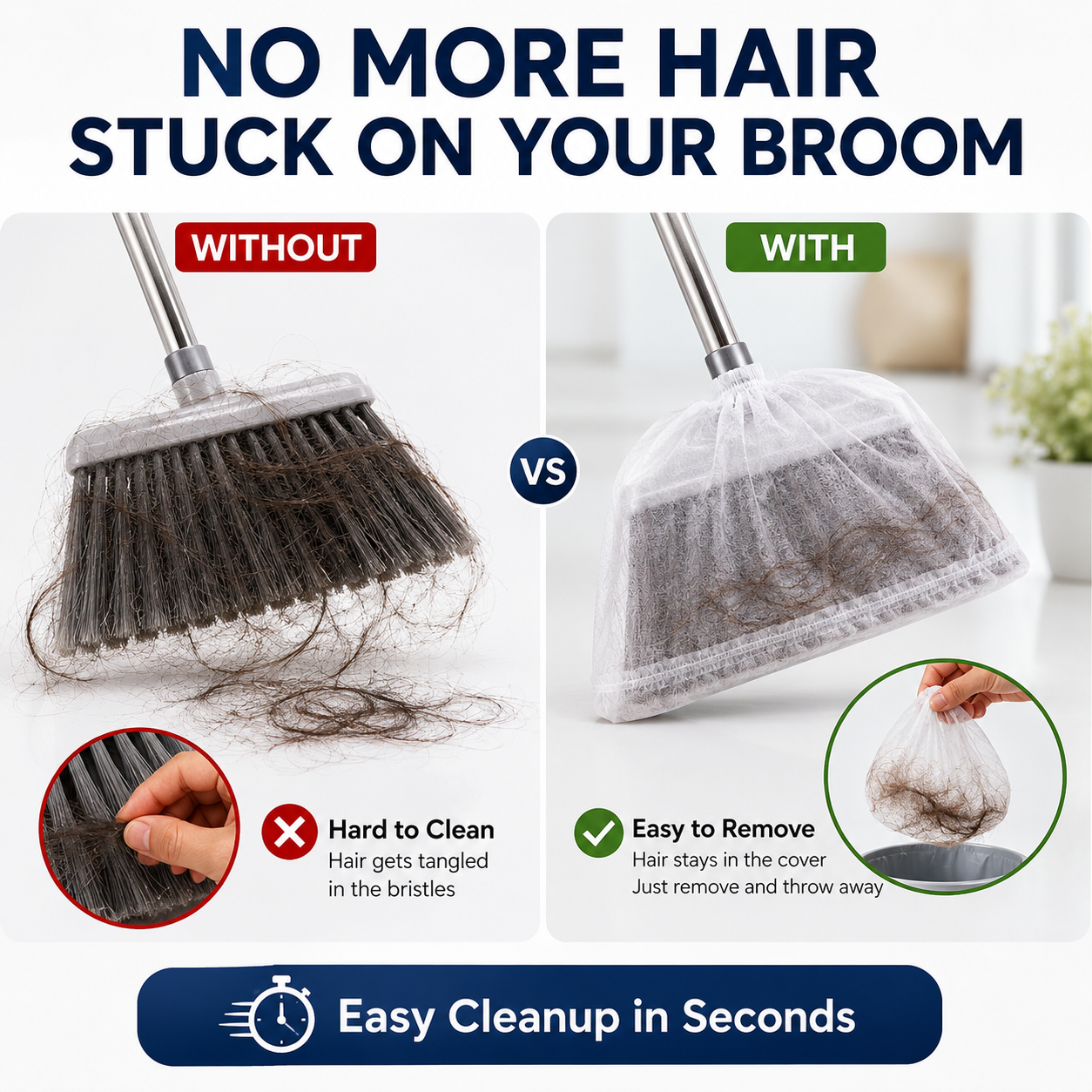 🧹 100PCS Disposable Broom Hair Catcher Covers – Elastic Dust & Hair Collection Bags for Household Brooms