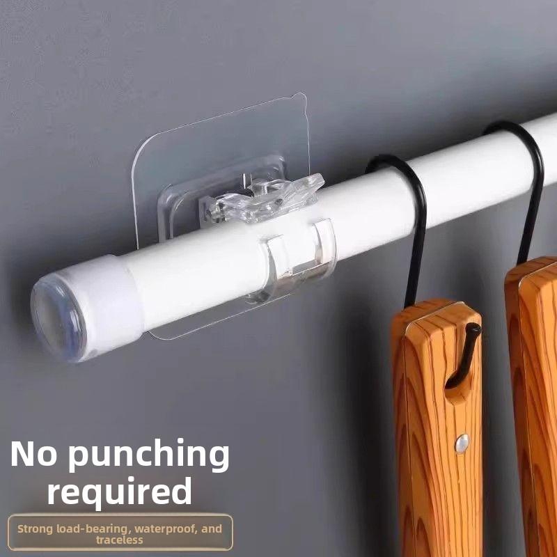 8 Pack Curtain Rod Hook Window Curtain Pole Clip Fixing Bracket No Drill Sticky Support Clamp Horizontal Rod Door Curtain Telescopic Rod Adhesive Hook