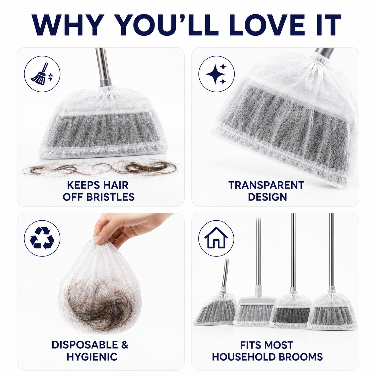 🧹 100PCS Disposable Broom Hair Catcher Covers – Elastic Dust & Hair Collection Bags for Household Brooms