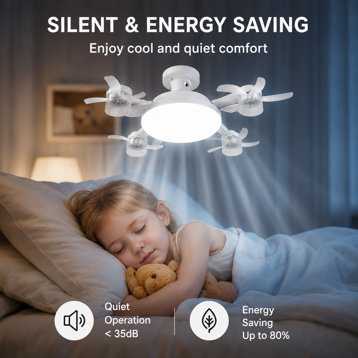 Ceiling Fan Light with Remote Control, E27 Base, 3-Speed Wind & Adjustable Lighting